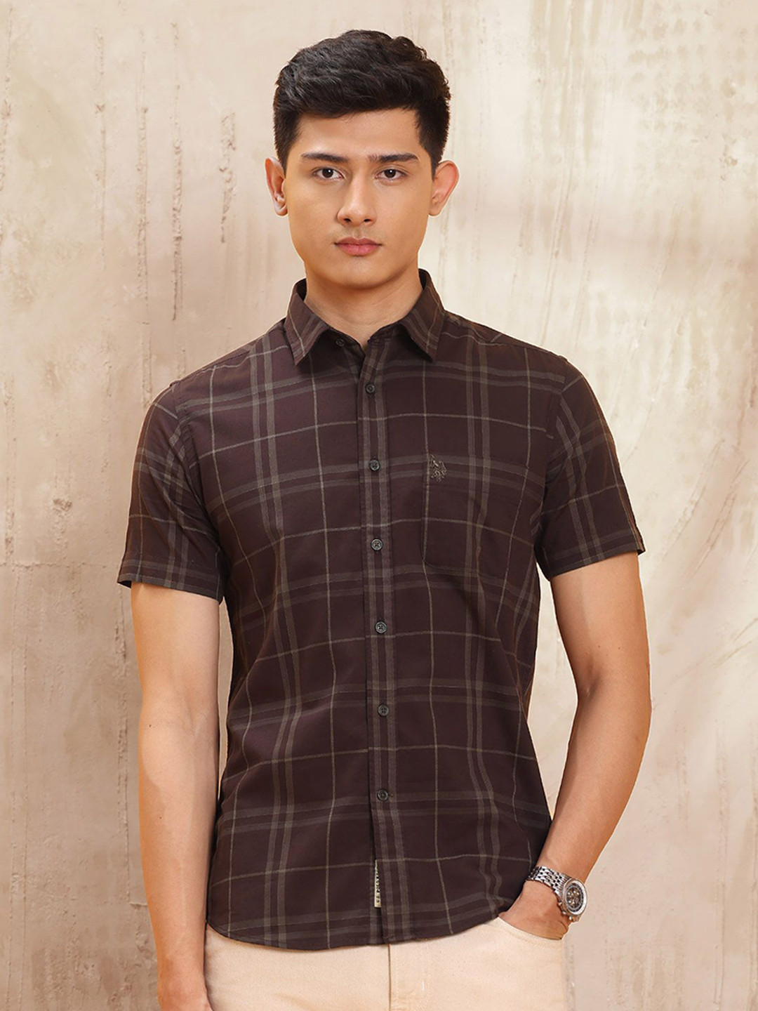 U.S. Polo Assn. Denim Co. Grid Tattersall Checks Spread Collar Pure Cotton Slim Fit Shirt