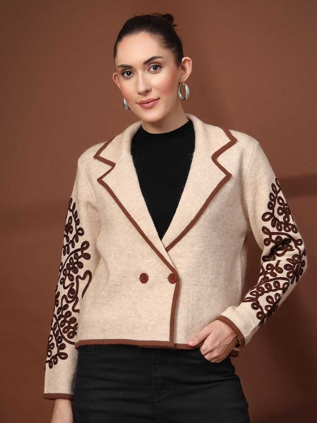 Mafadeny Women Lapel Collar Blazer With Embroidered Sleeve