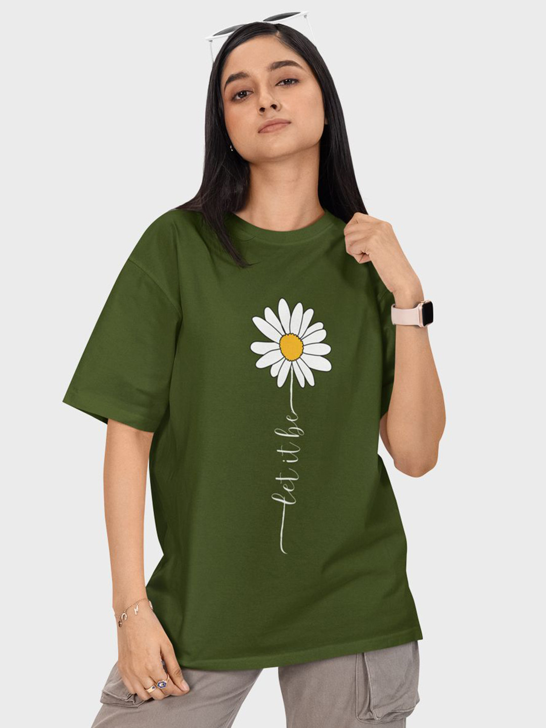 Reifica Women Floral Printed Round Neck Pure Cotton Oversized T-shirt