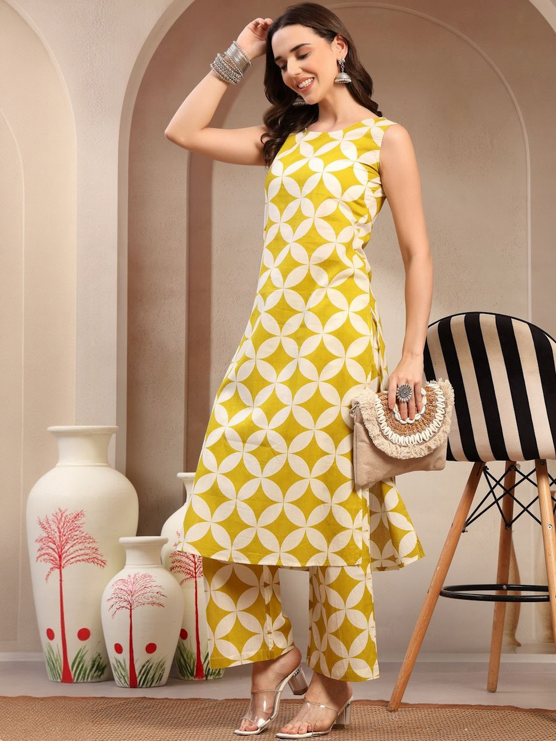 KALINI Women Printed Aline Kurta With Palazzo Set Round Neck With Sleeveless