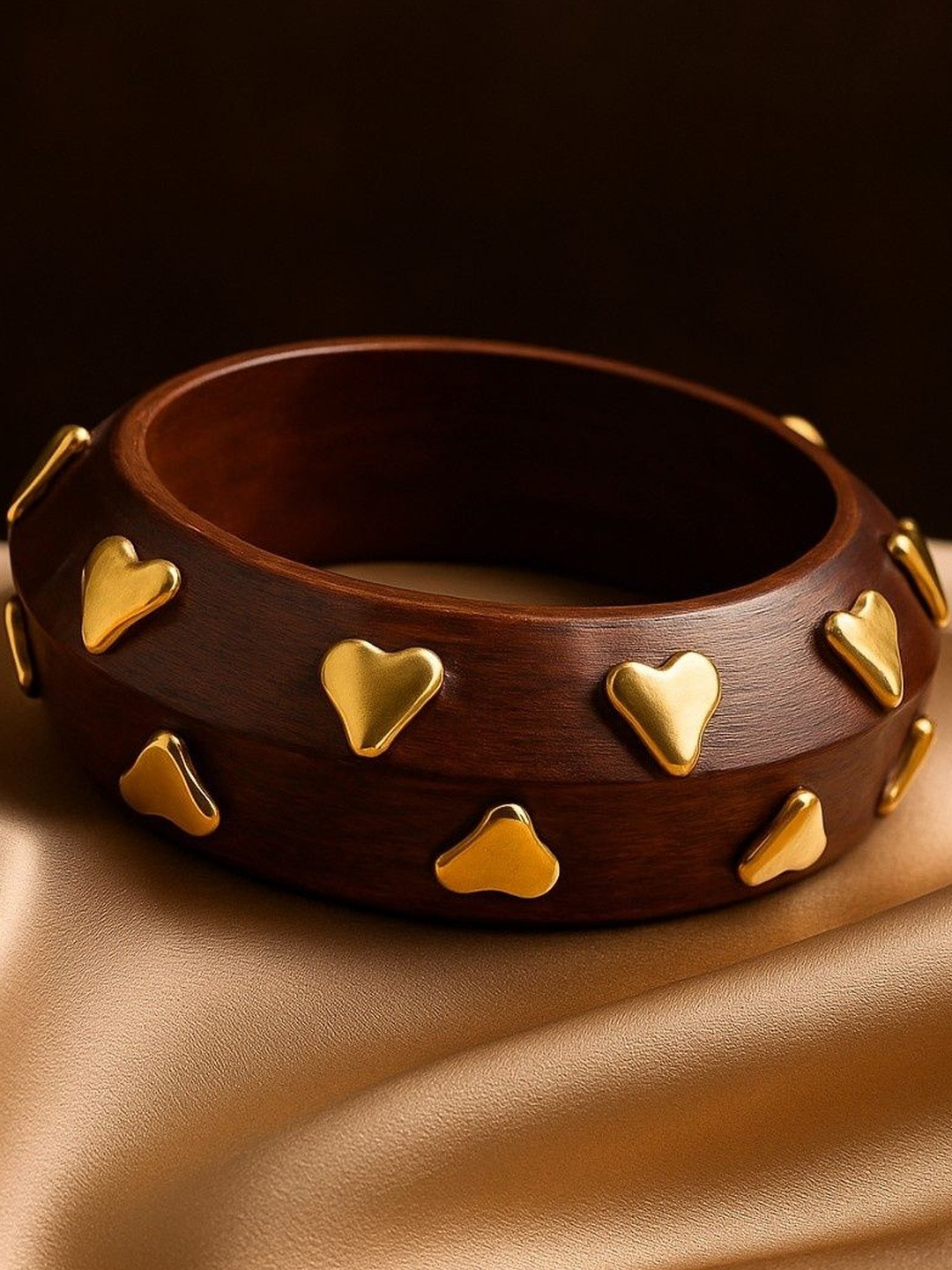 DressBerry Gold Plated & Heart shaped metal stone studded wooden bangle