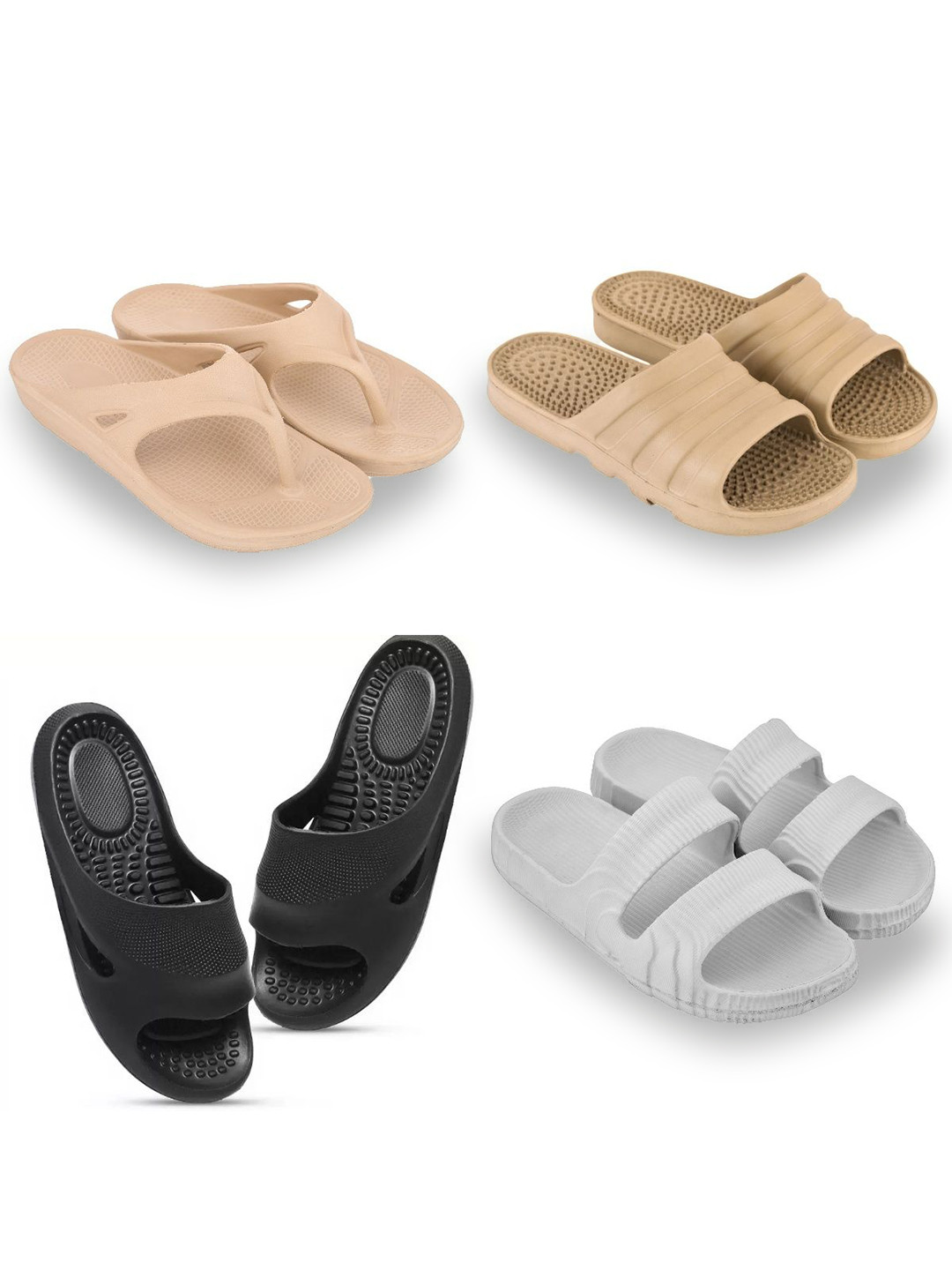 Feel alive Set Of 4 Ultra-Comfortable & Lightweight Sliders And Thong Flip Flops