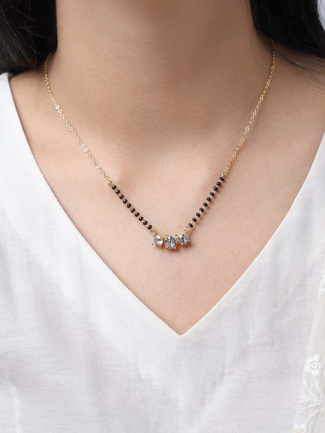 SWASHAA Esha Solitaire 14KT Gold-Plated Stainless Steel Stone Studded & Beaded Mangalsutra