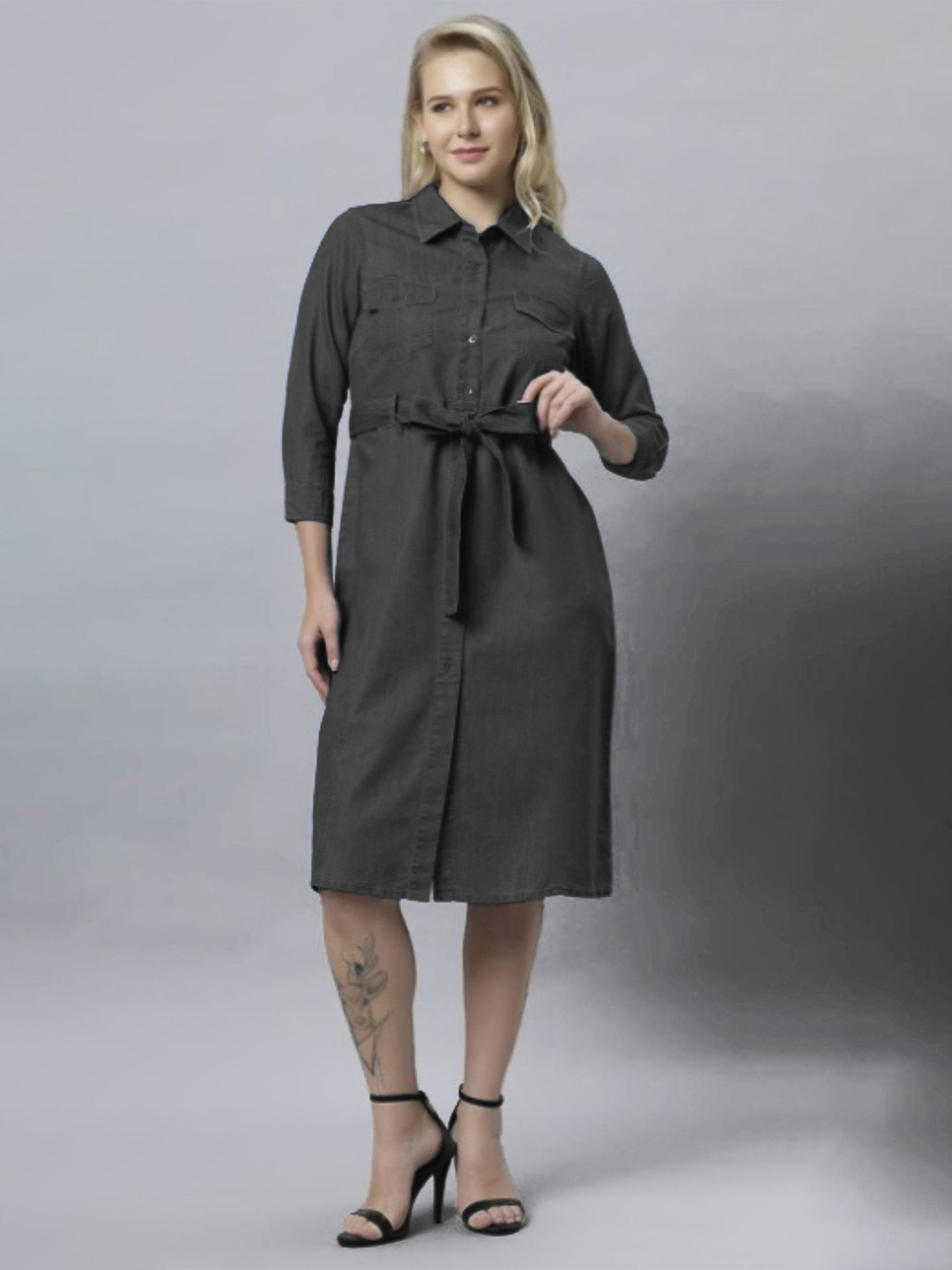 Tripursundari Fashion Women Denim Shirt Dress with Belt
