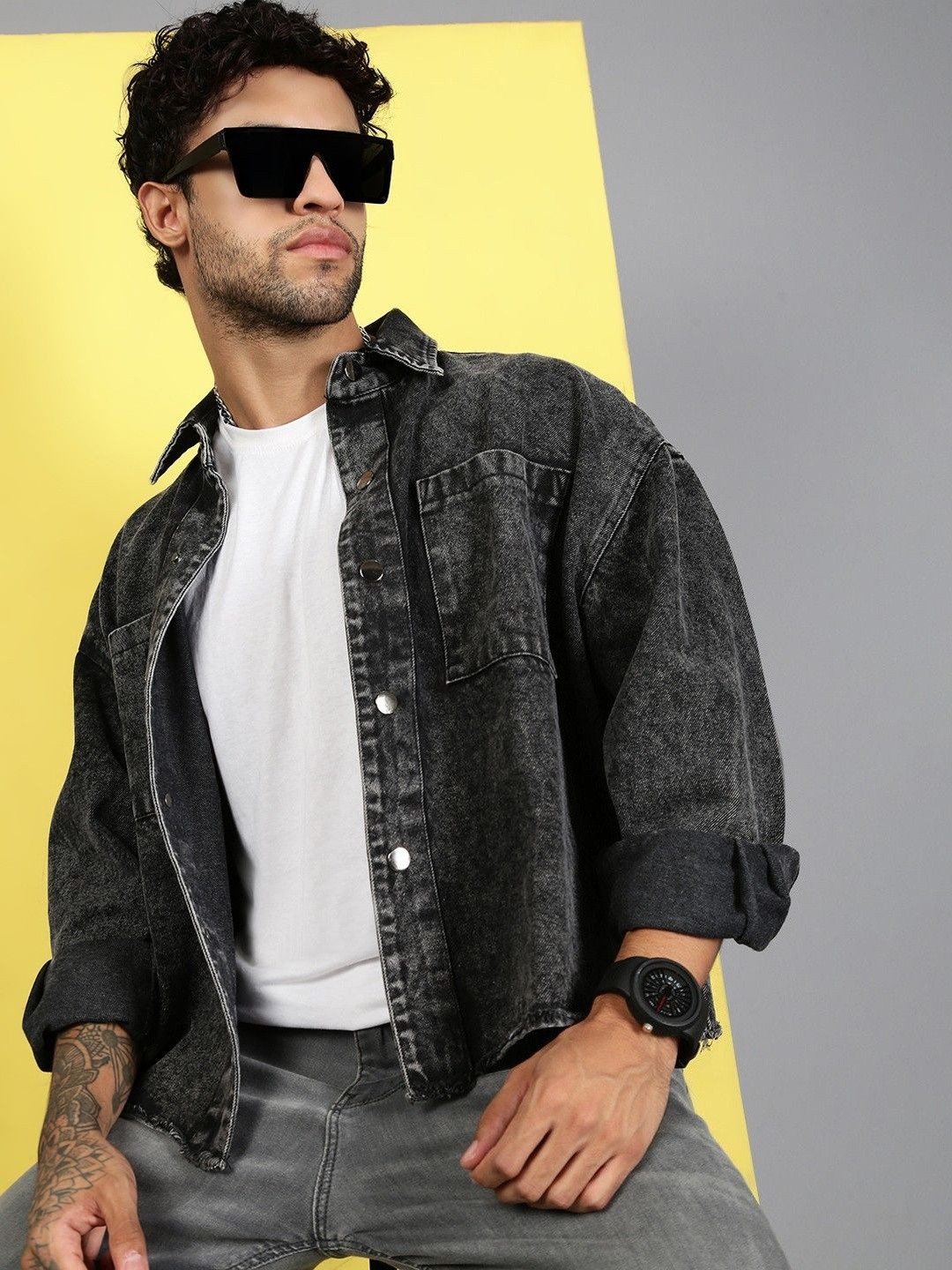 VOXATI Men Grey Solid Oversized Relaxed Denim Shirt