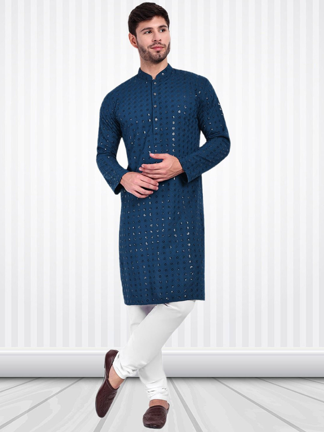 Excent Geometric Embroidered Mandarin Collar Sequinned Straight Kurta & Pyjamas