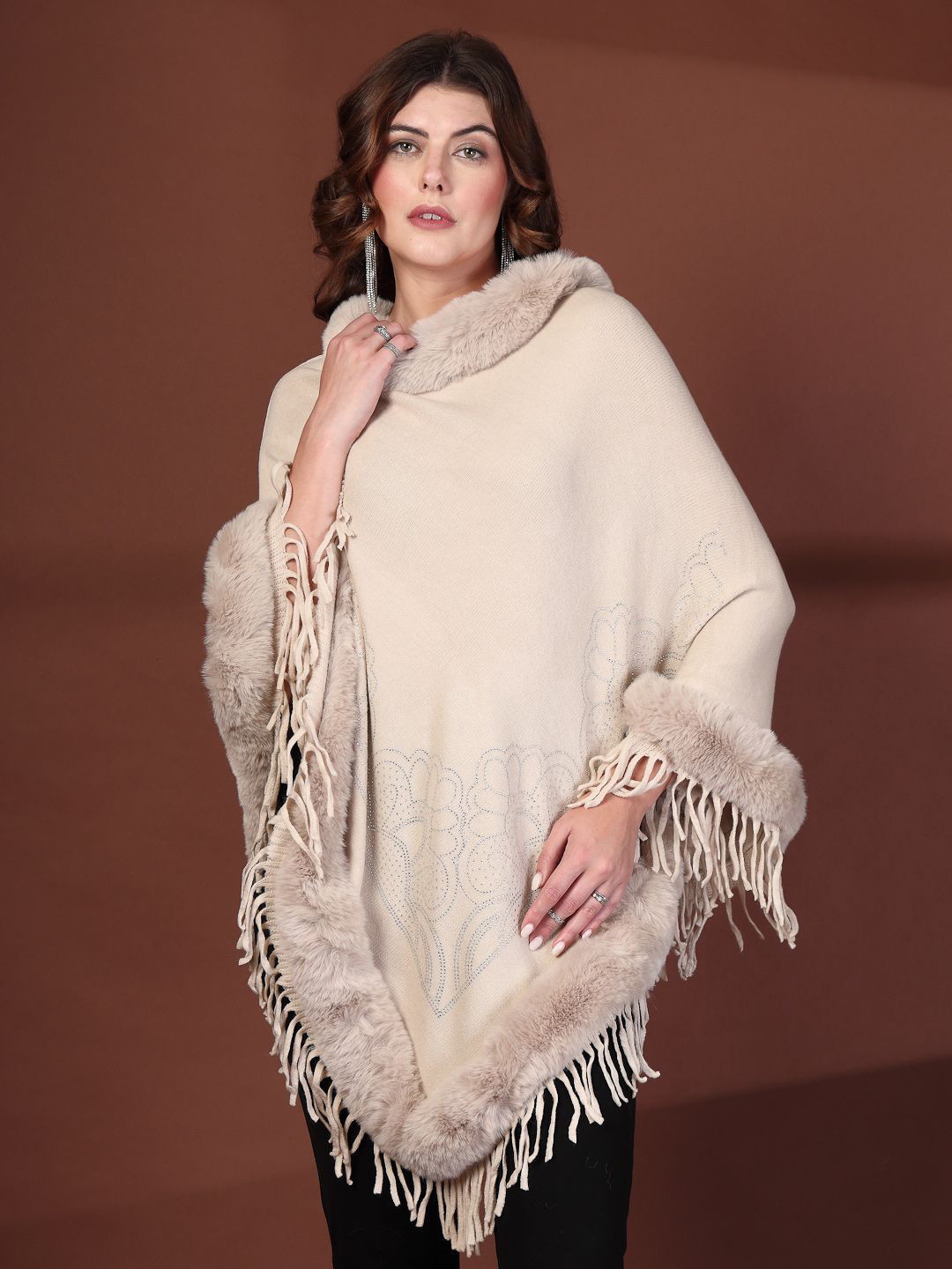 Mafadeny Round Neck Collar  Faux Fur Trim and Fringe Poncho