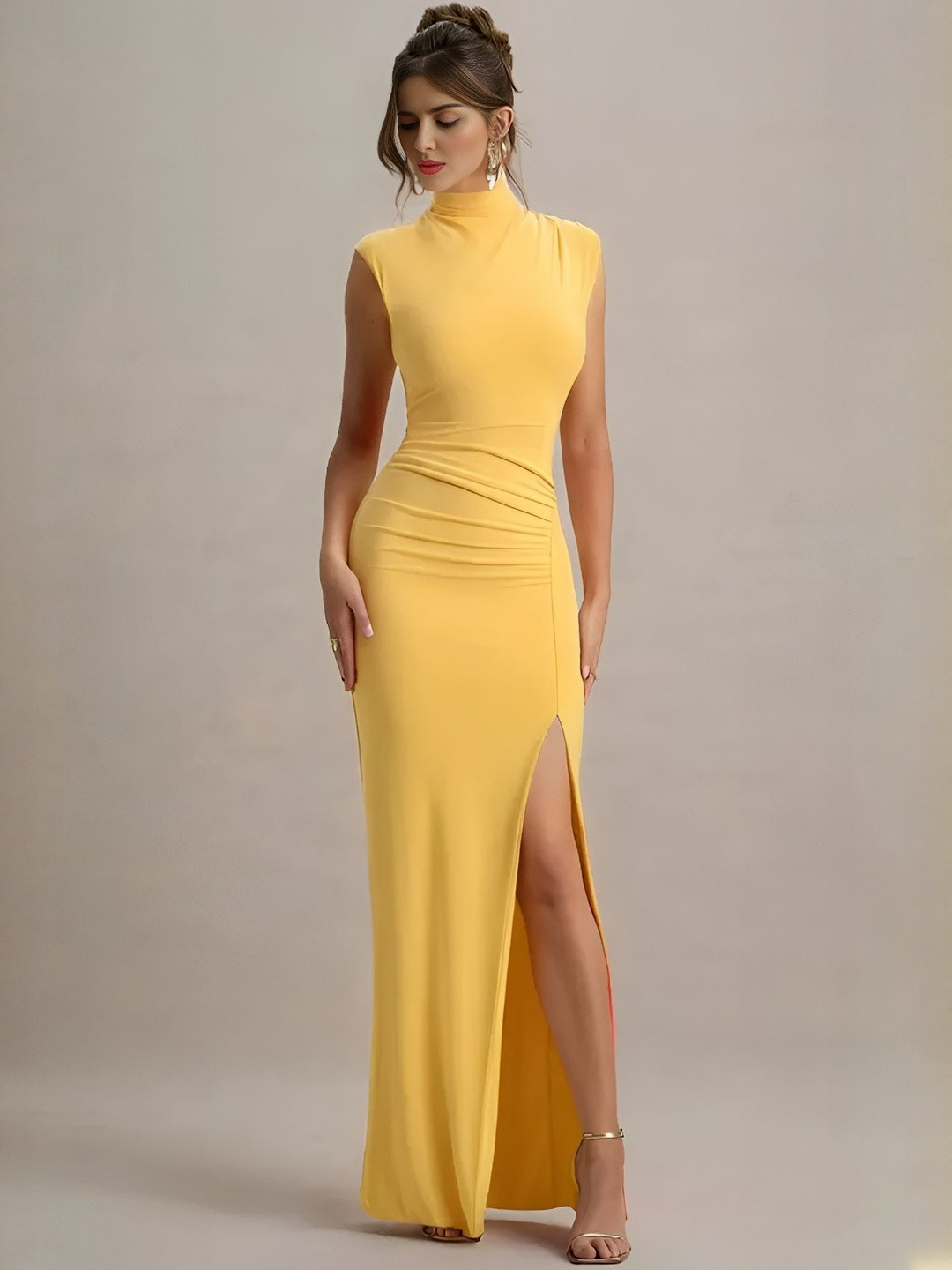 WANQUILA Turtle Neck Sleeveless Gathered Bodycon Maxi Dress