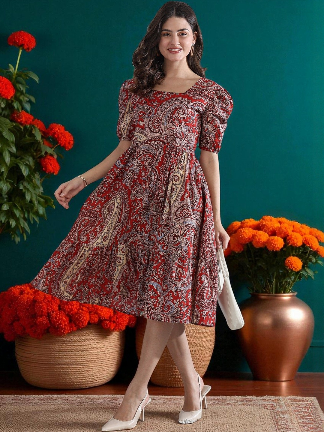 Tzelynn Women Pack Of 2 Bohemian Printed Puff Sleeve Cotton Fit & Flare Dresses