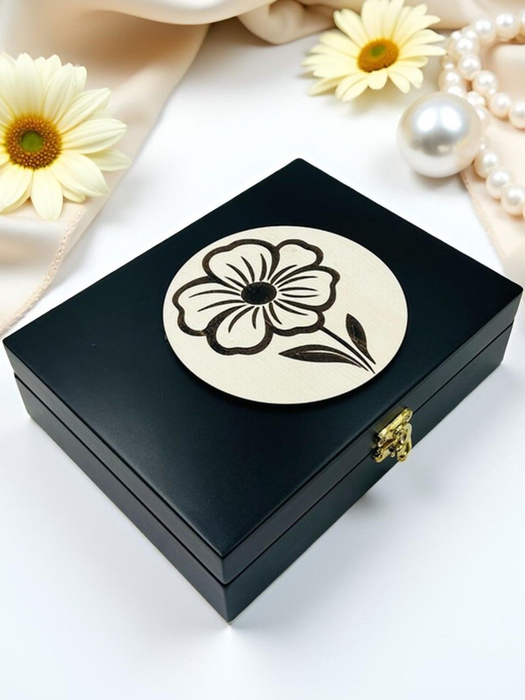 Angira Handicrafts Elegant Black Wooden Storage Box With Velvet Interior