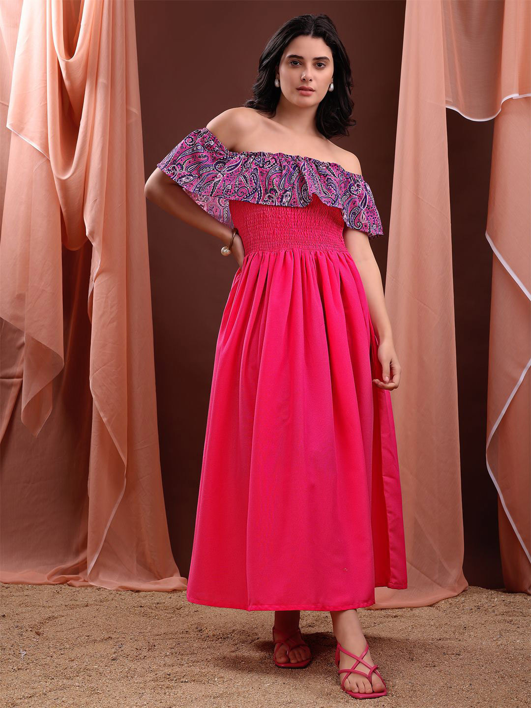 PURVAJA Women Paisley Printed Off-Shoulder Ruffled Smocked Fit & Flare Maxi Dress
