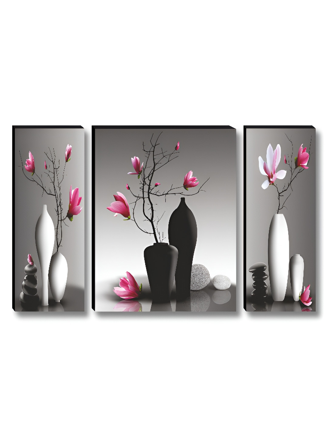 SAF 3 Pieces White & Pink Modern Monochrome Vase Floral & Botanical  Wooden Wall Art