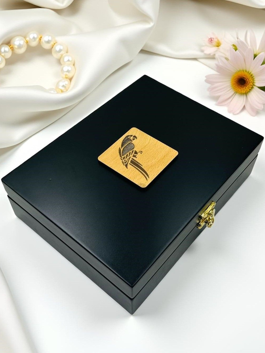 Angira Black Wooden Velvet Interior Storage Box