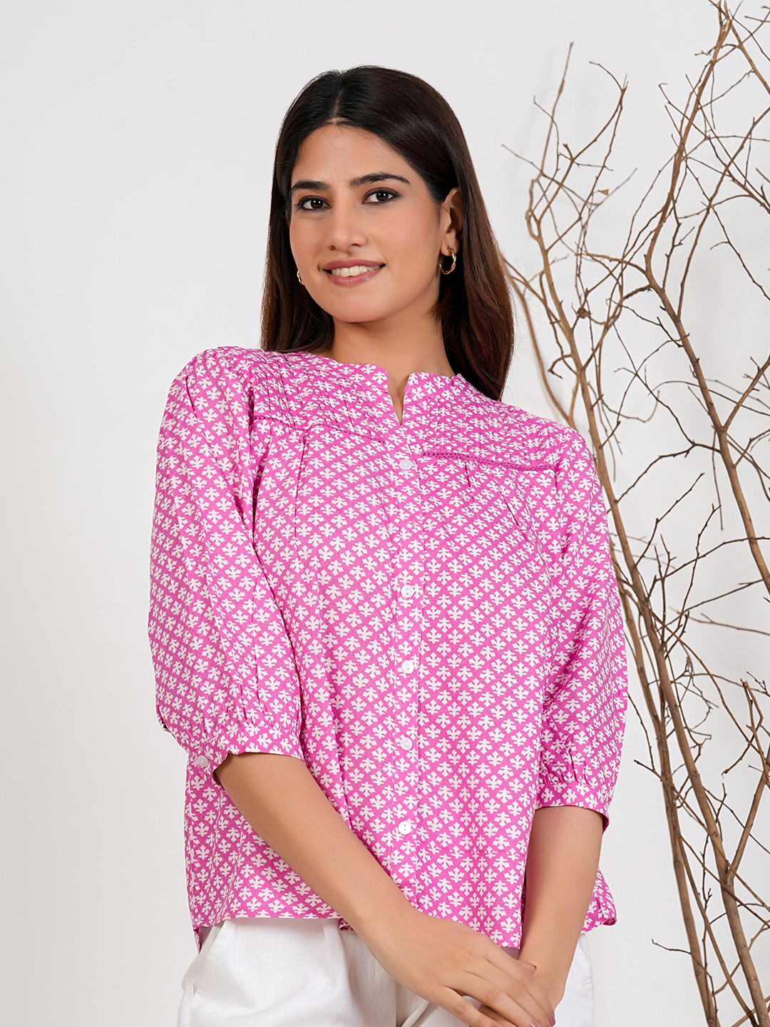 Fab8Sight Women Floral Printed Mandarin Collar Cotton Casual Shirt
