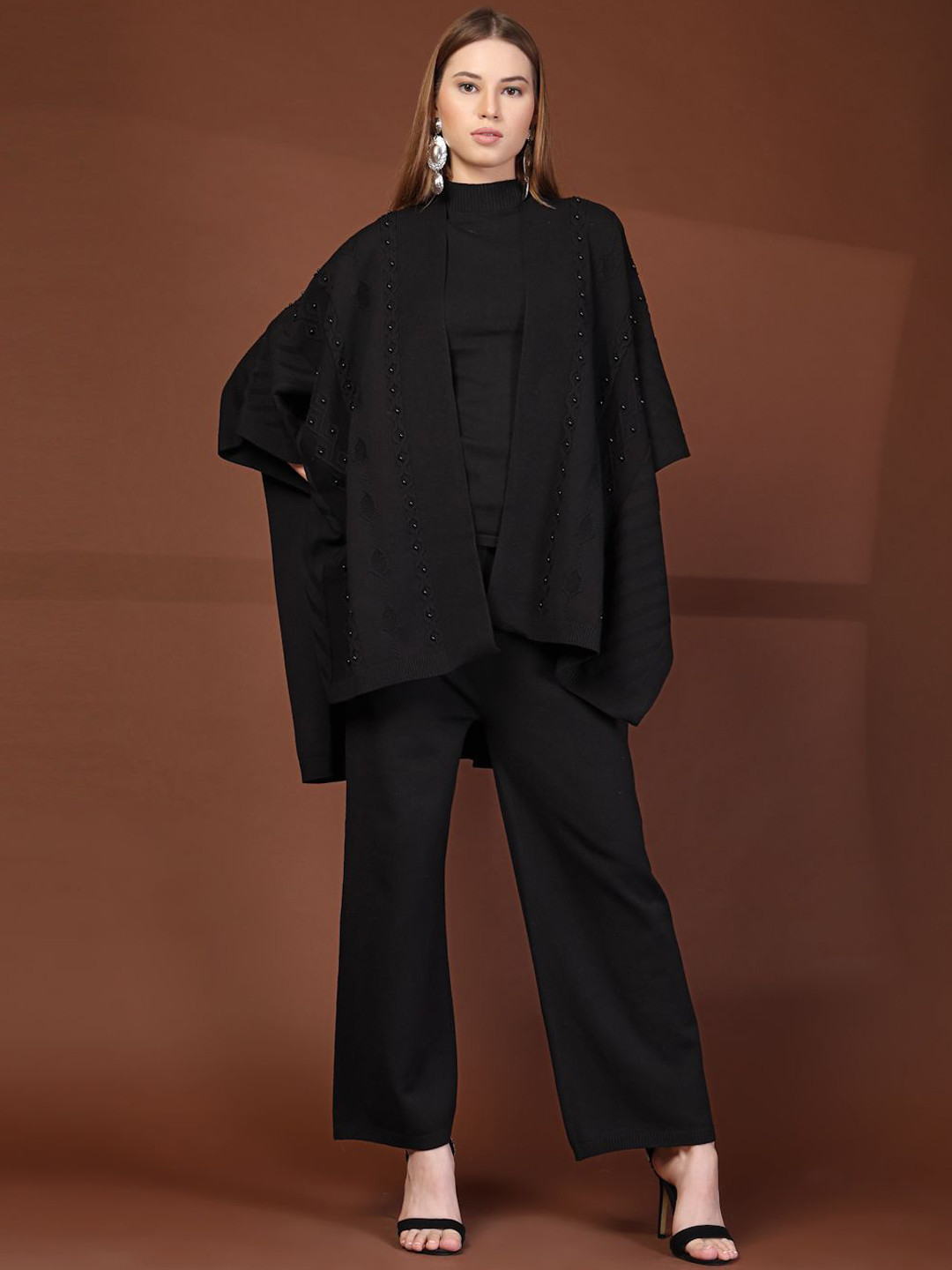 Mafadeny Embellished Top With Poncho Shrug & Trousers