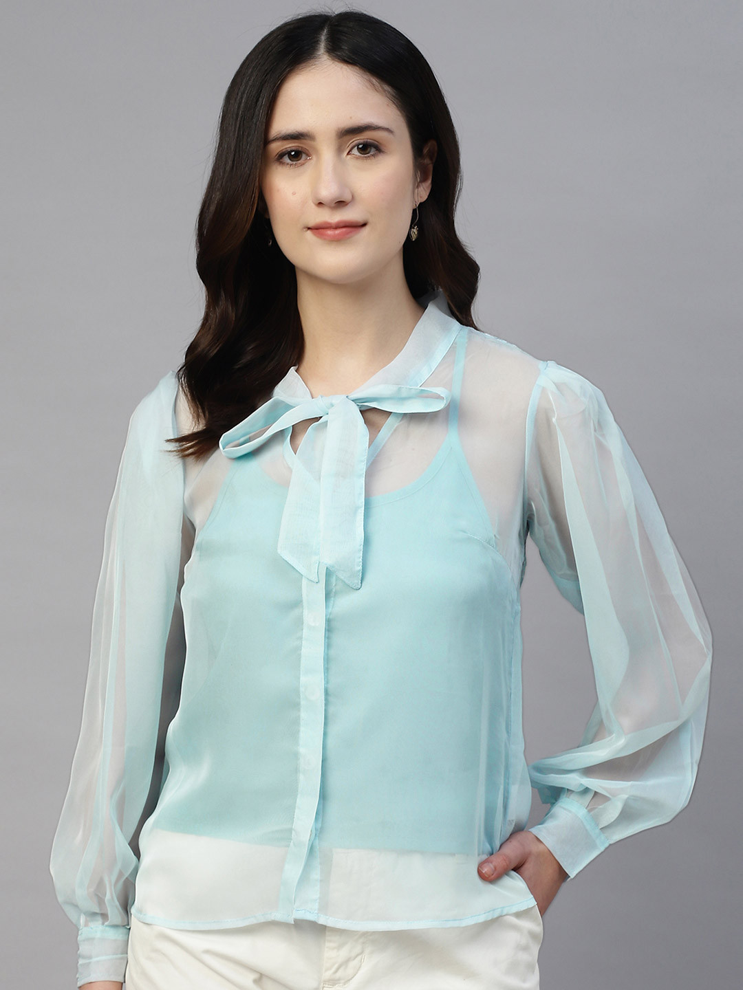 Sands of India Set of 2 Blue Organza Tied Embroidered Shirt with Camisole