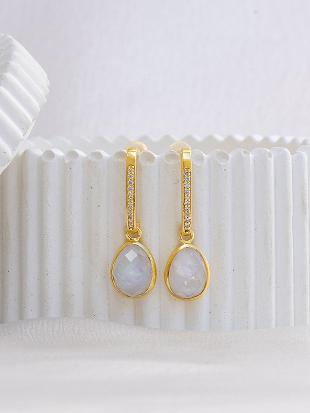Perfectly Average Women 18K Gold Plated Moonstone Dangling Studs