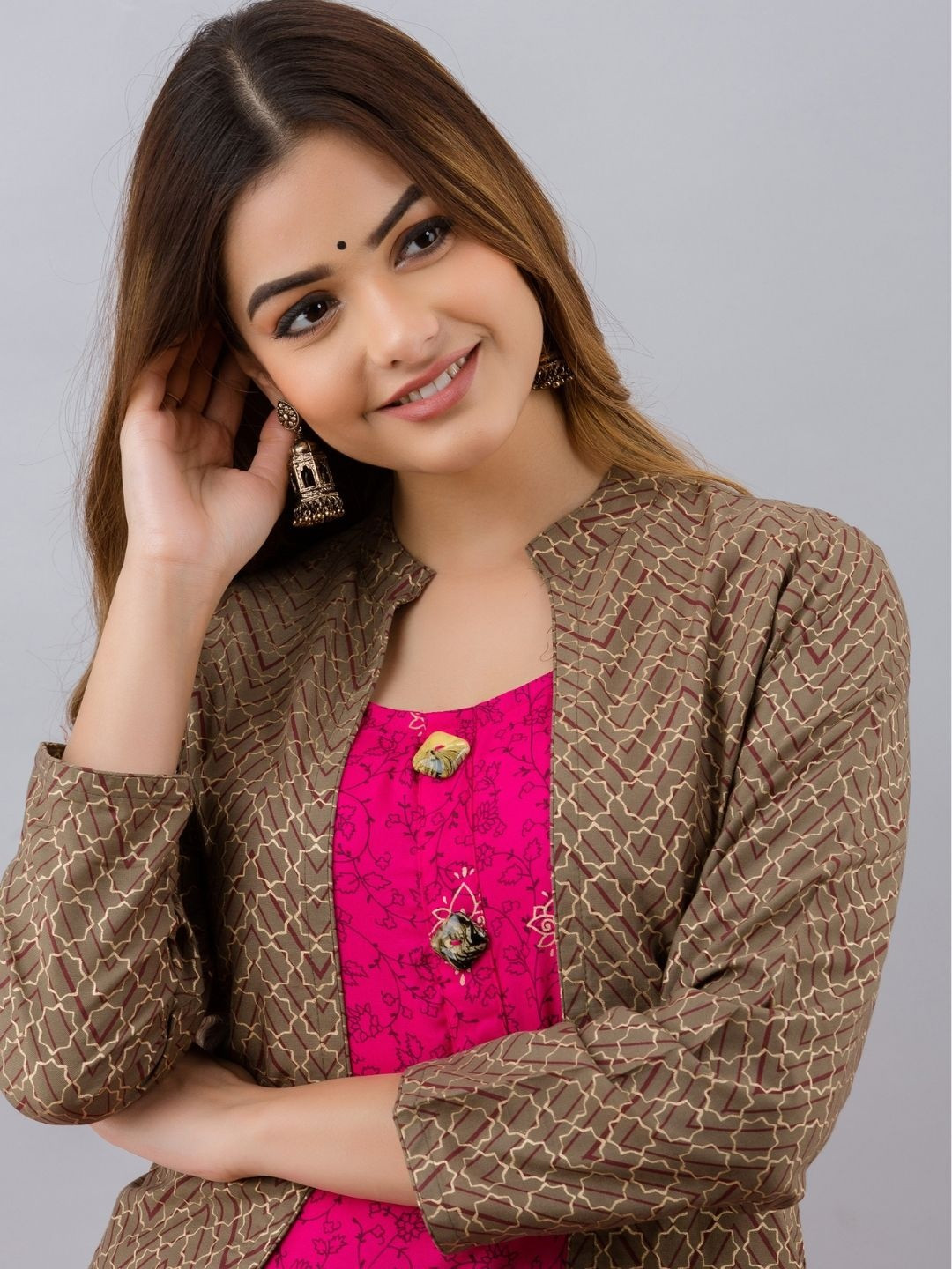 HERE&NOW Floral Printed A-Line Maxi Ethnic Dress With Jacket