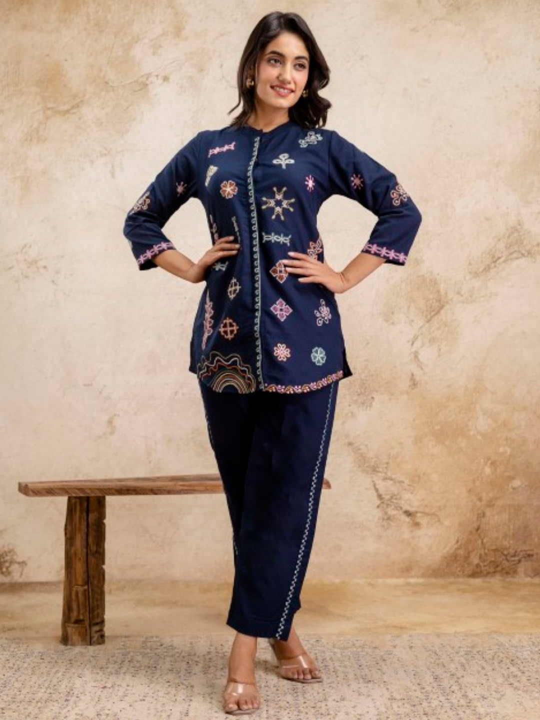 AUTUMN LANE Pawan Trypan Embroidered Pure Cotton Mandarin Collar Shirt & Trousers