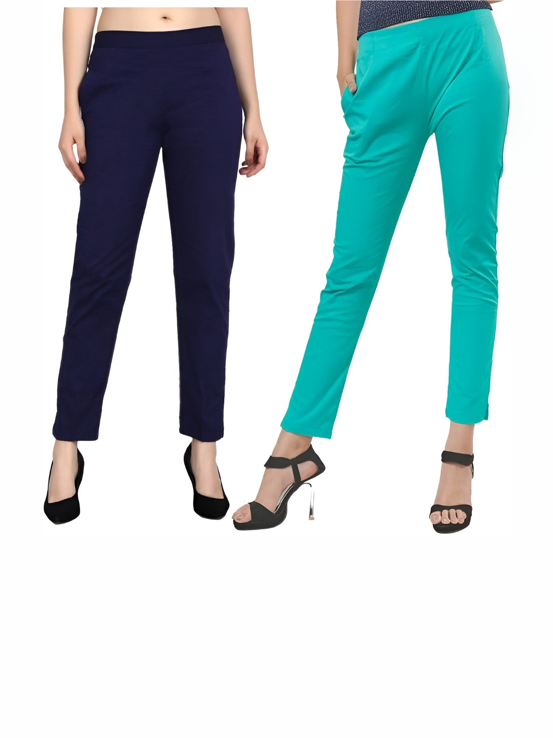 MIXFIT Women Pack of 2 Navy Blue & Sea Green Slim Fit Trousers
