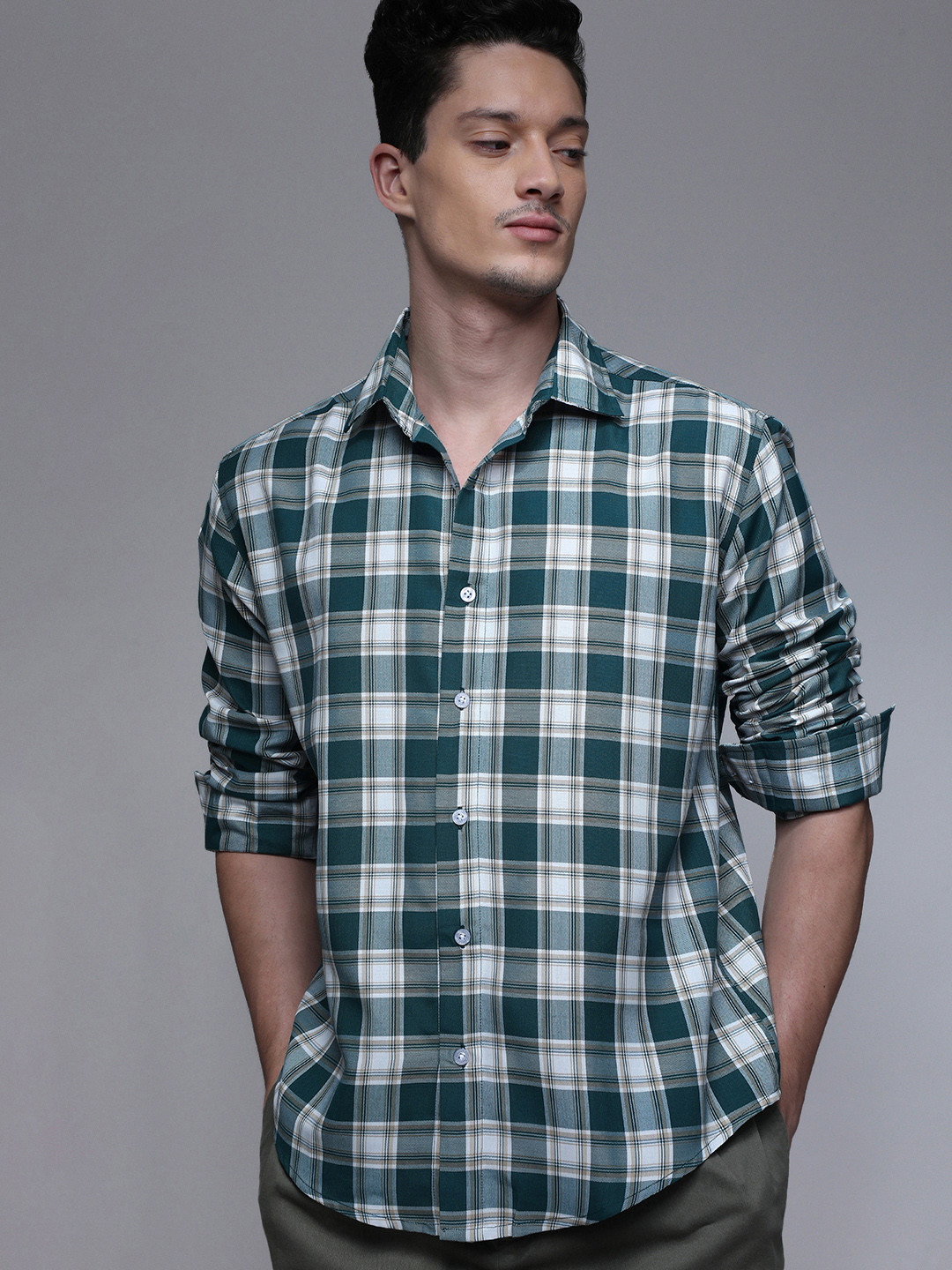 Paper Cut Oversized Checked Cotton Spread Collar Casual Shirt