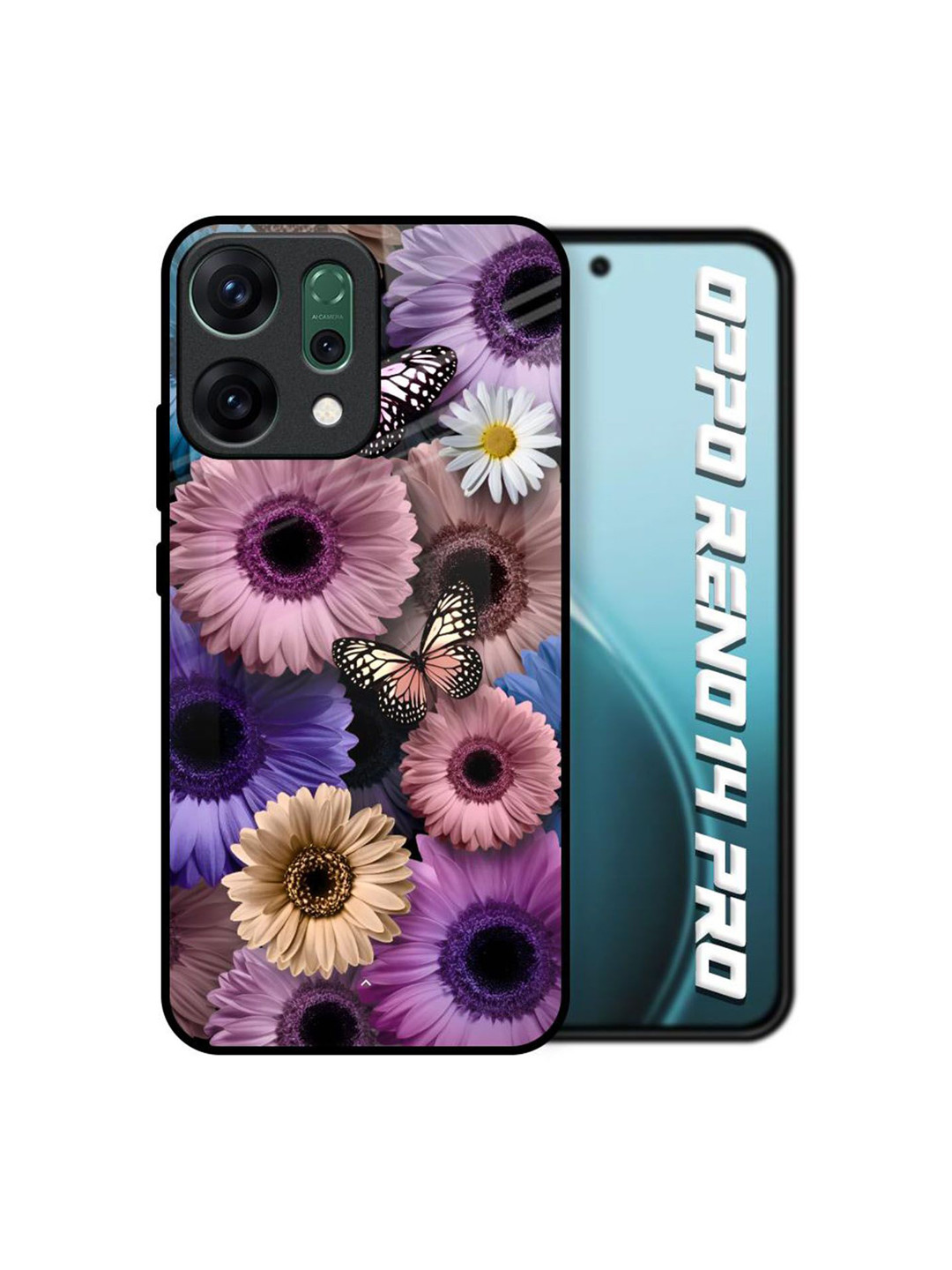 QRIOH Floral Printed Oppo Reno14 Pro 5G Butterfly Glass Back Case Mobile Accessories
