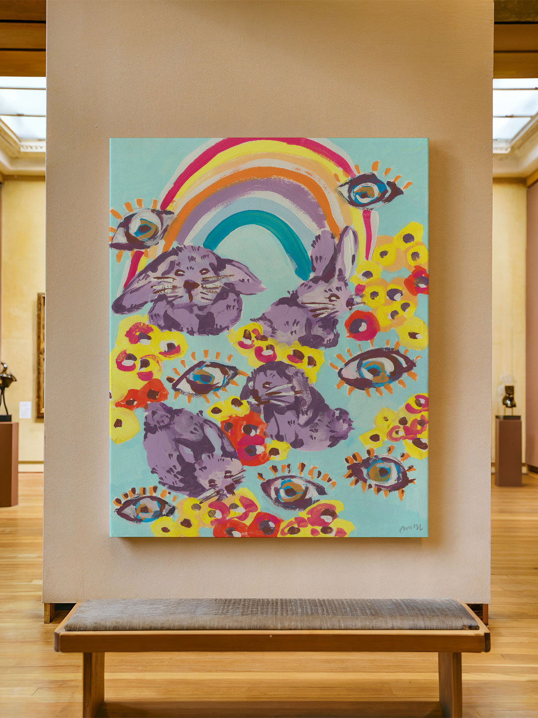 ASIAN MONK Multicoloured  Violet Bunnies Fun Wood  Wall Paintings