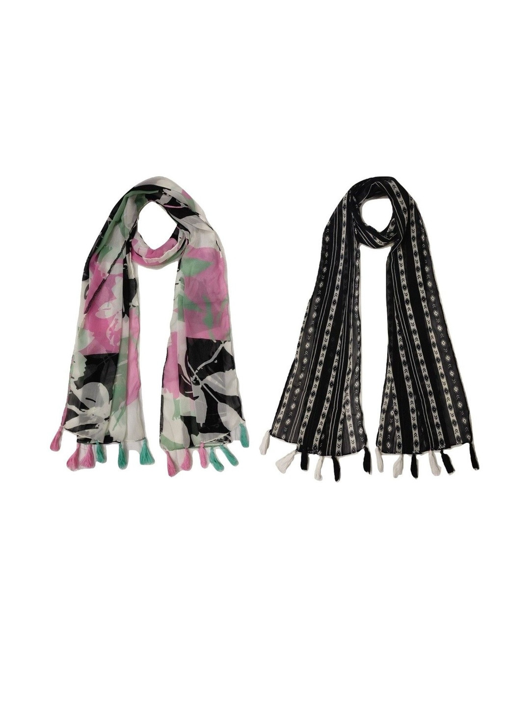 StoleVilla Pack Of 2 Floral Printed Tasseled Border Stoles