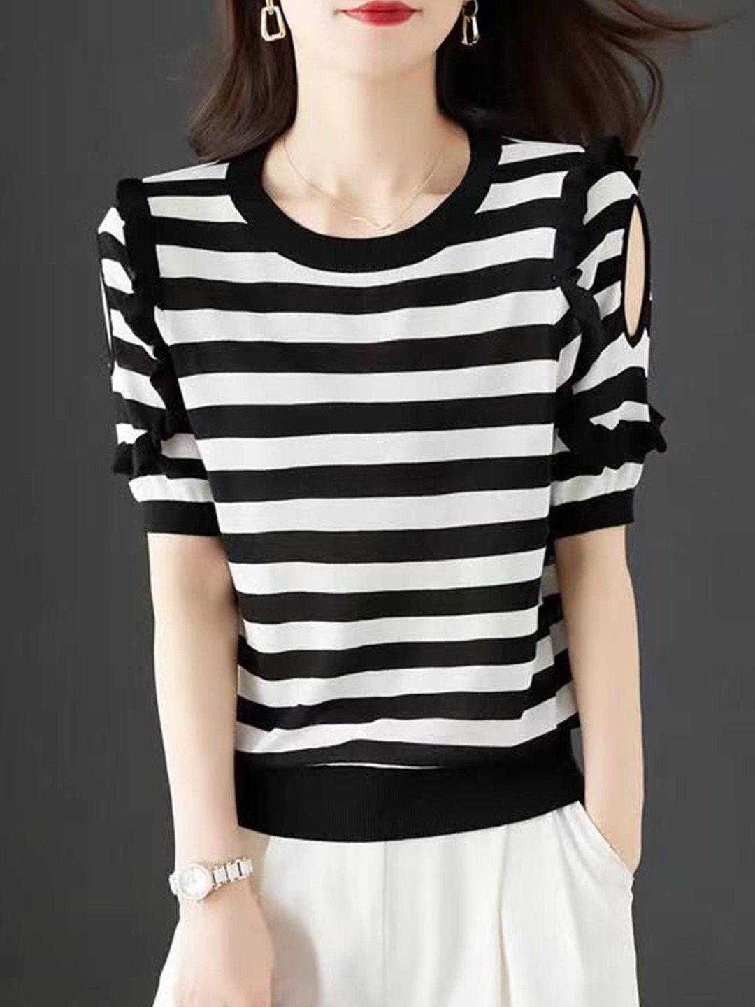 StyleCast Striped Cold-Shoulder Ruffles Monochrome Cotton Knit Top