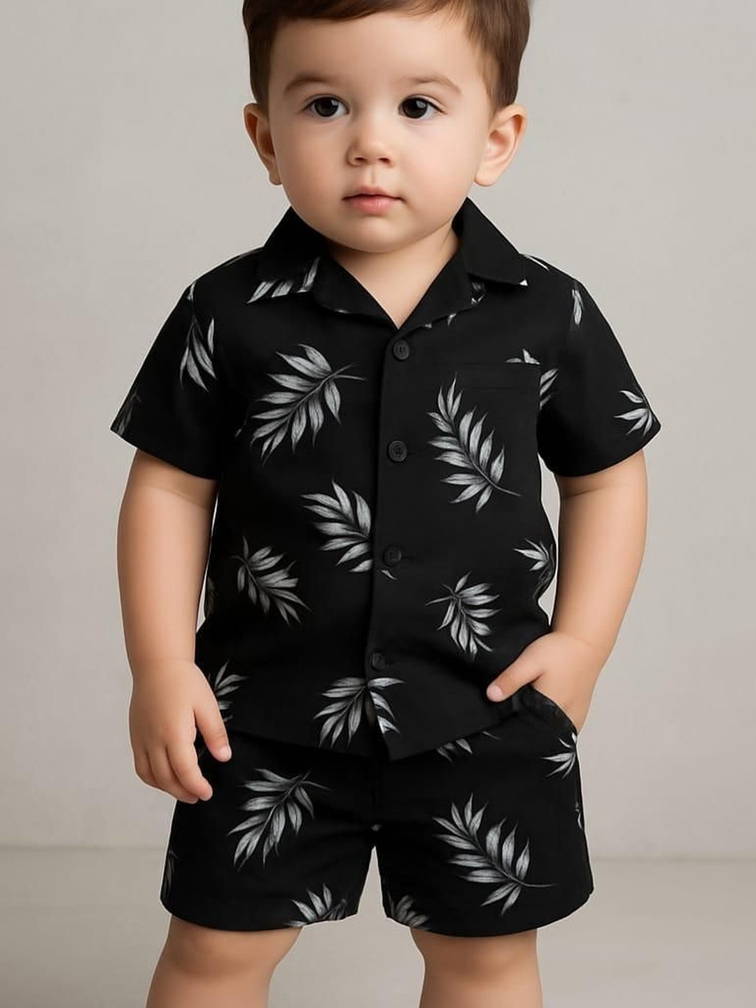 Moda Rapido Boys Black Leaf Printed Cotton Blend Shirt Collar Short Sleeves Causal Co-Ords