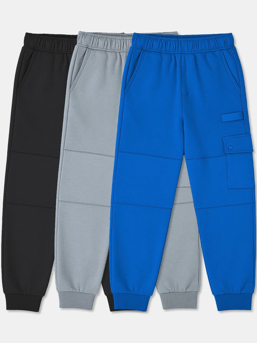 Dotokids Kids Pack Of 3 Black Blue & Grey Slip On Cotton Cargo Joggers
