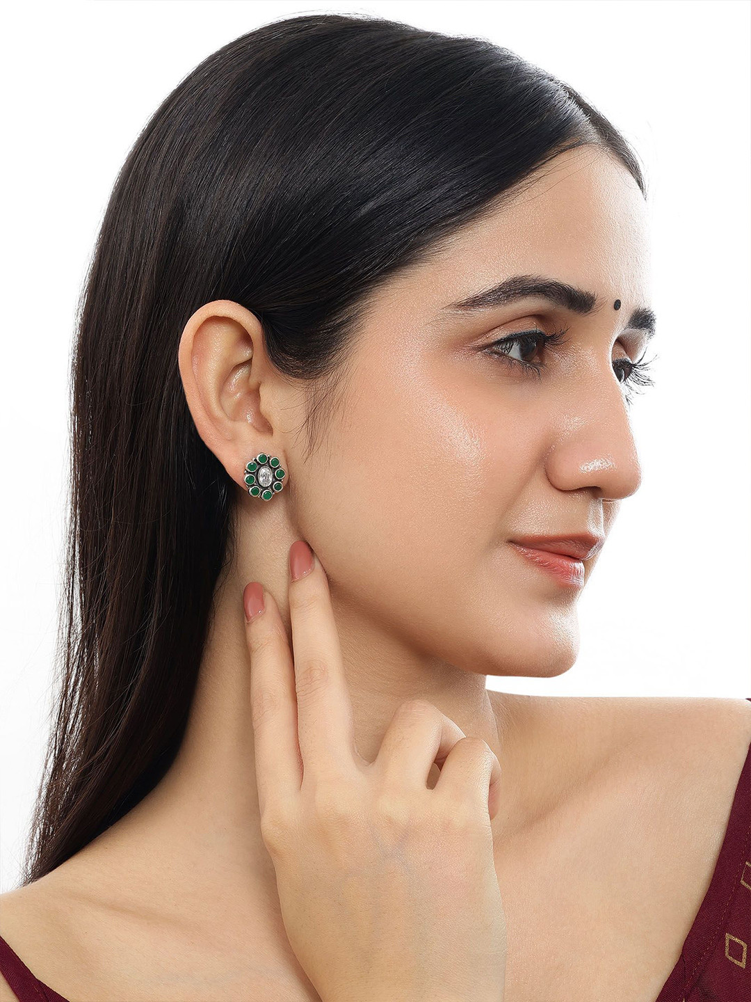 Tweov Oxidized Silver Green Stone Stud Earrings