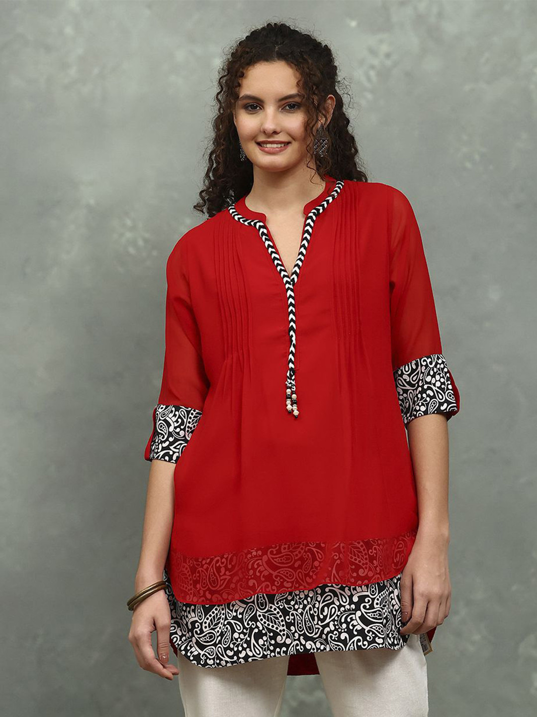 Meena Bazaar Floral Woven Design Band Collar Thread Work Georgette Kurti