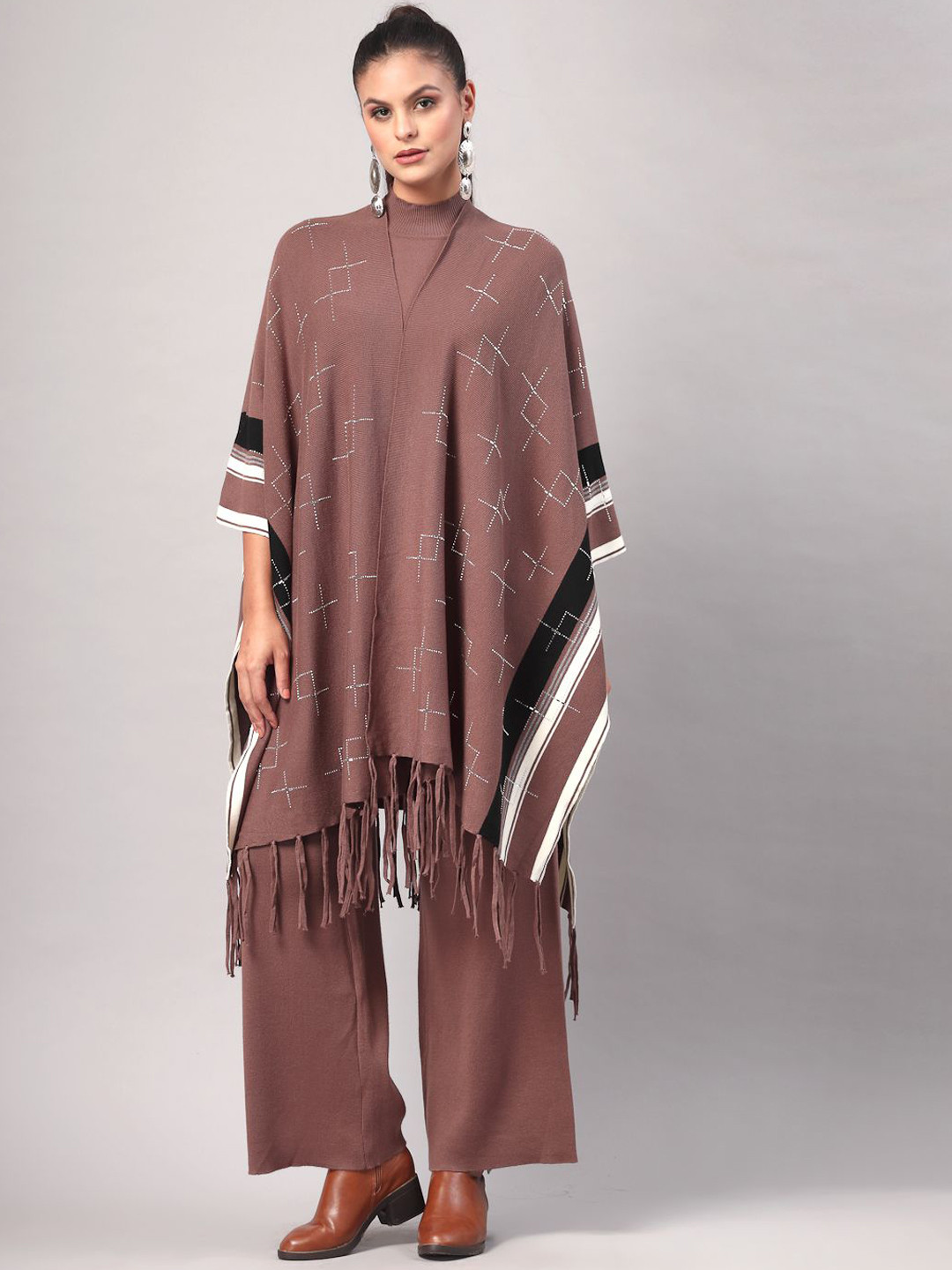 Mafadeny Winter High Neck Poncho With Wide Leg Trousers