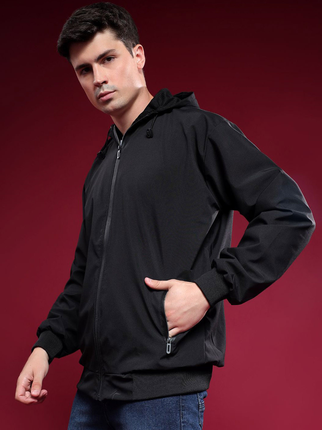 MaverIQ Hooded Regular Fit Denim Bomber Jacket