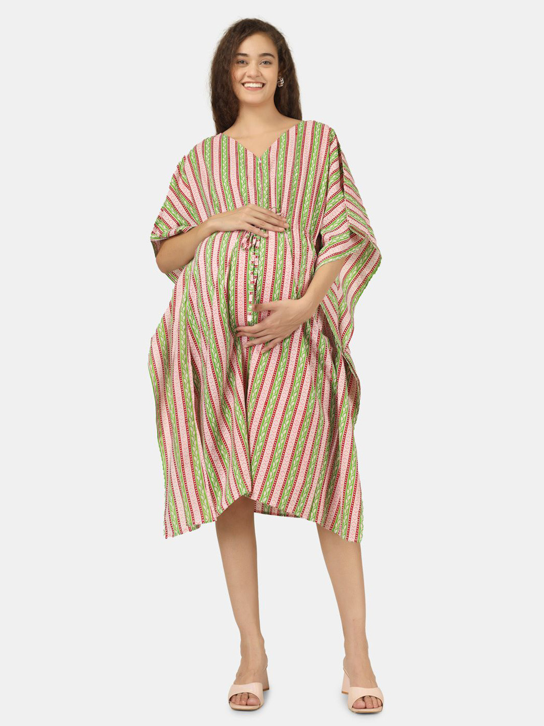 angloindu Women Striped Kimono Sleeve Maternity Kaftan Midi Dress