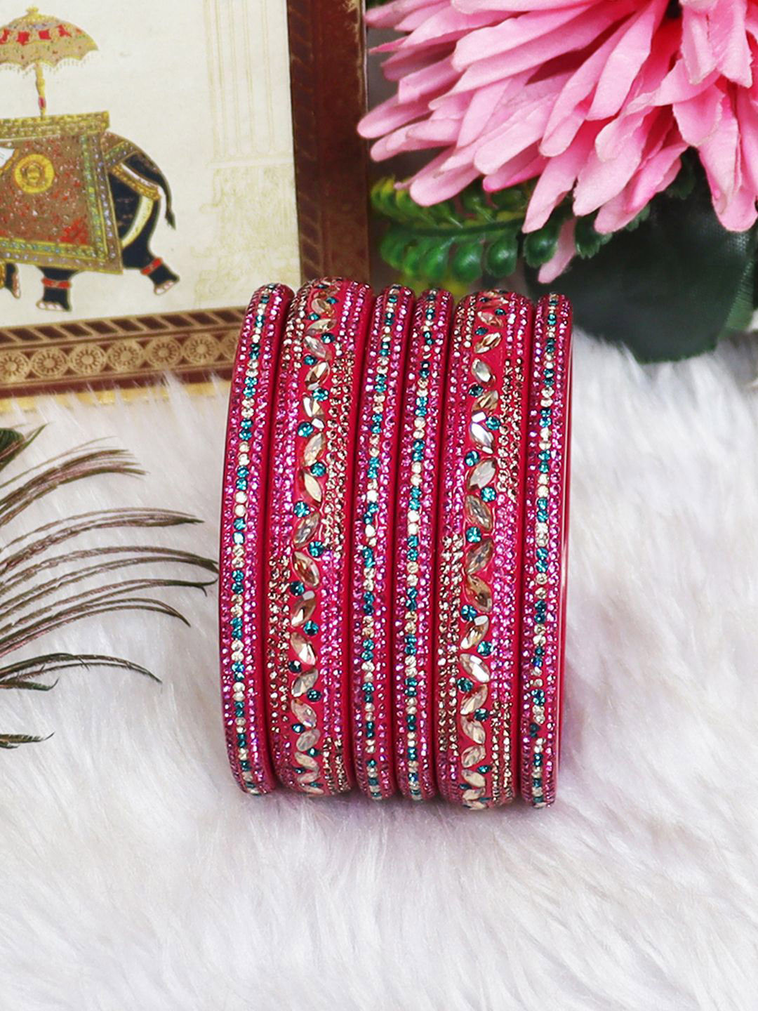 TAJ BRIDAL STORE Women Set Of 6 Kundan-Studded Bangle