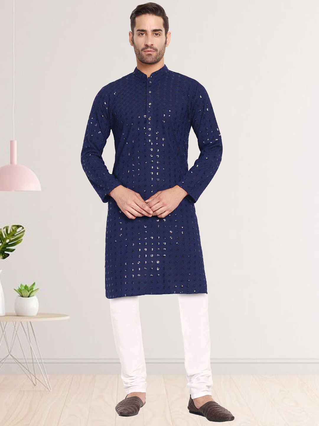 Excent Floral Embroidered Mandarin Collar Sequinned Straight Kurta With Pyjamas