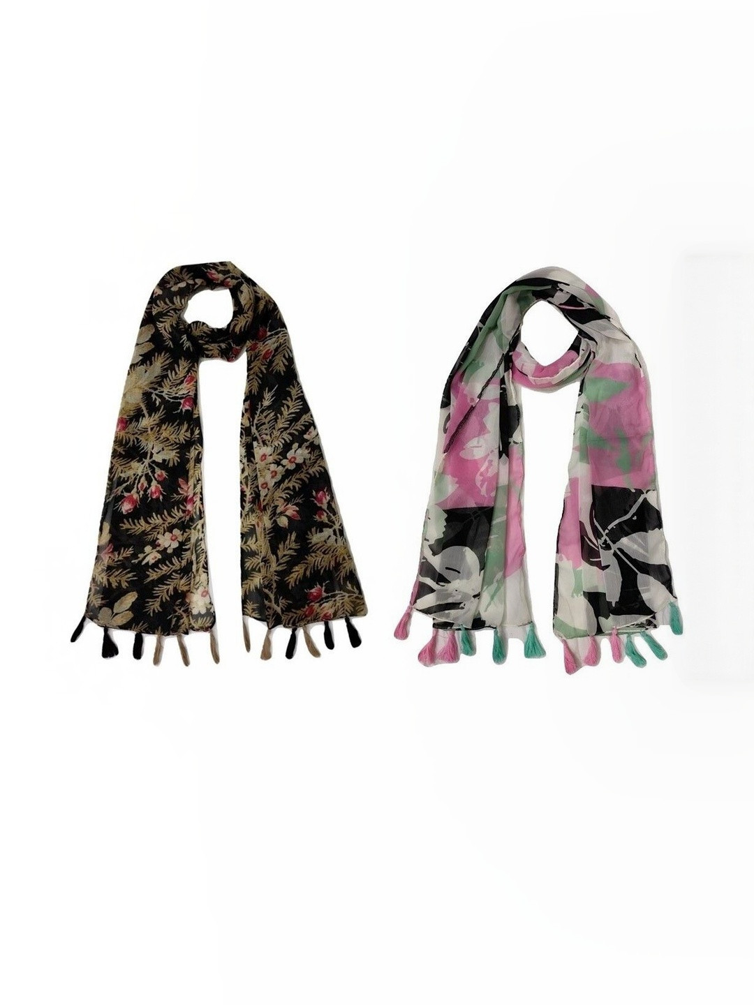 StoleVilla Pack Of 2 Floral Printed Tasseled Border Stoles