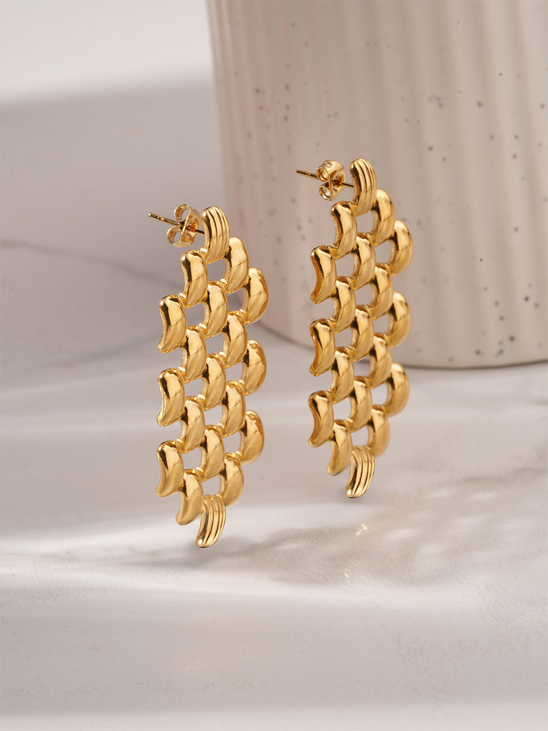 PALMONAS Gold-Plated Hexagonal Grid Drop Earrings