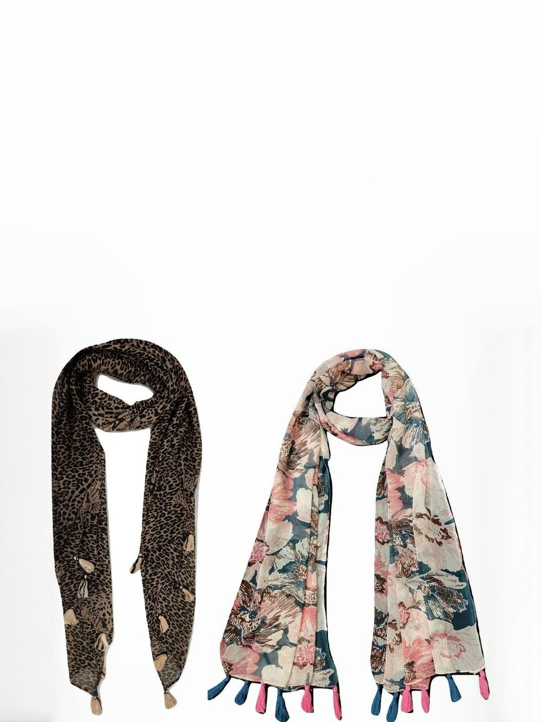 StoleVilla Pack Of 2 Floral Printed Tasseled Border Stoles