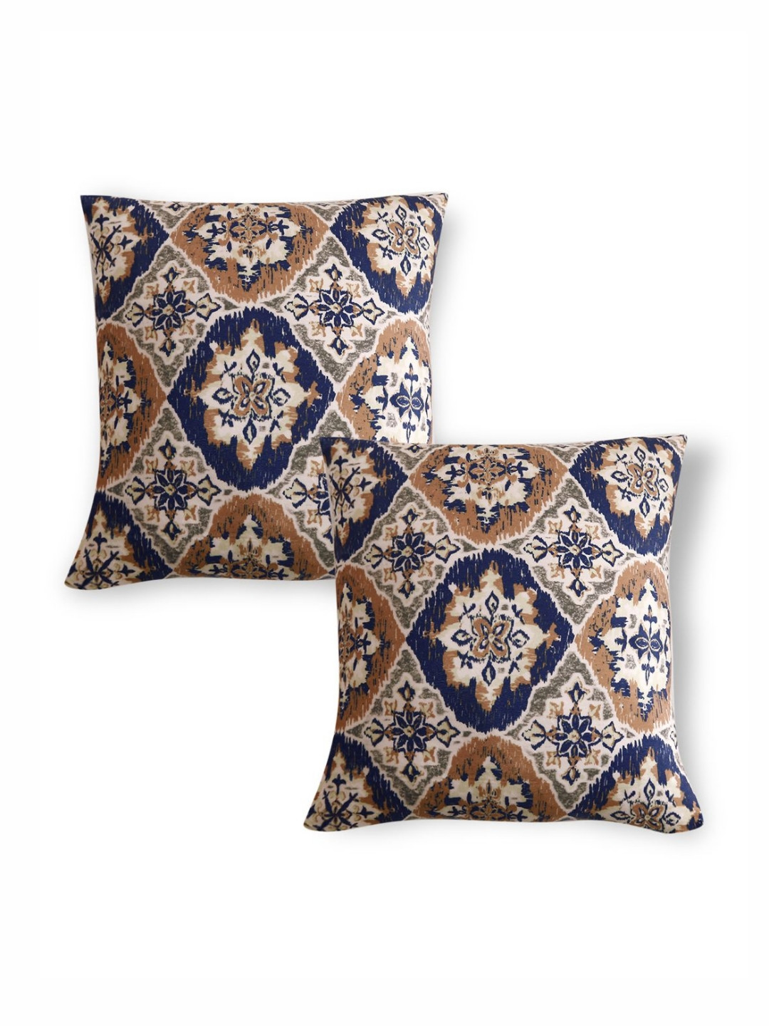 HOKIPO Navy Blue & Brown 2 Pieces Ethnic Printed Velvet Square Cushion Covers
