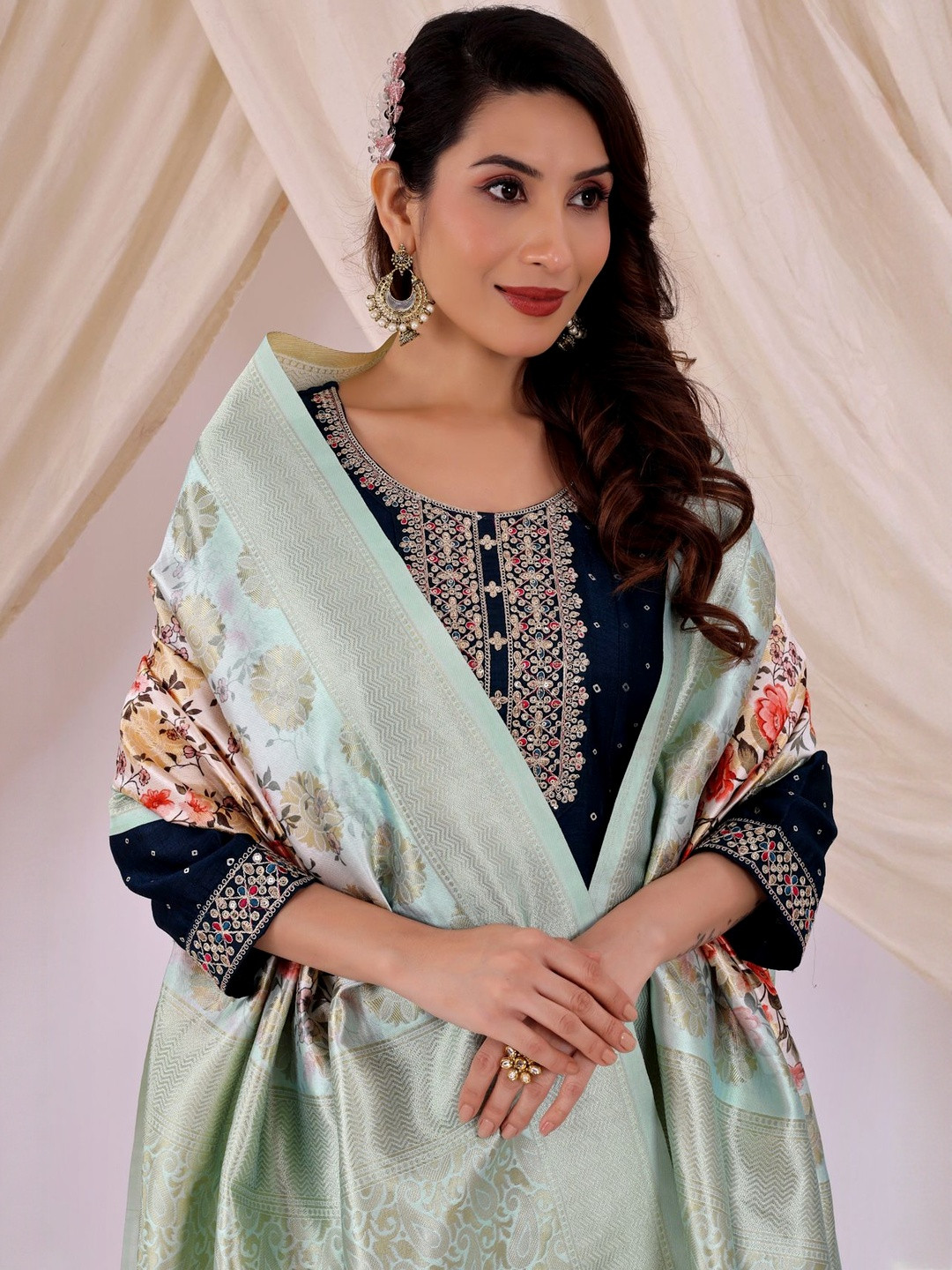 Moda Rapido Women Sky Blue Floral Woven Design Silk Ethnic Dupatta