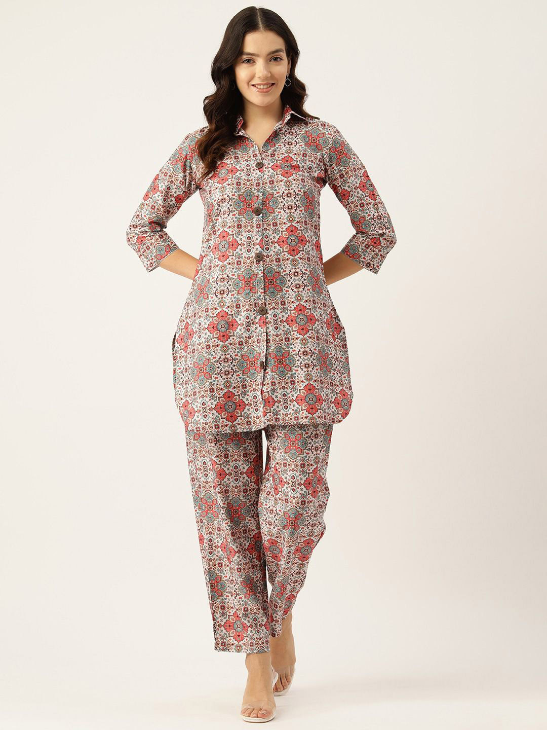 Sleek Italia Printed Shirt Collar Top With Trousers