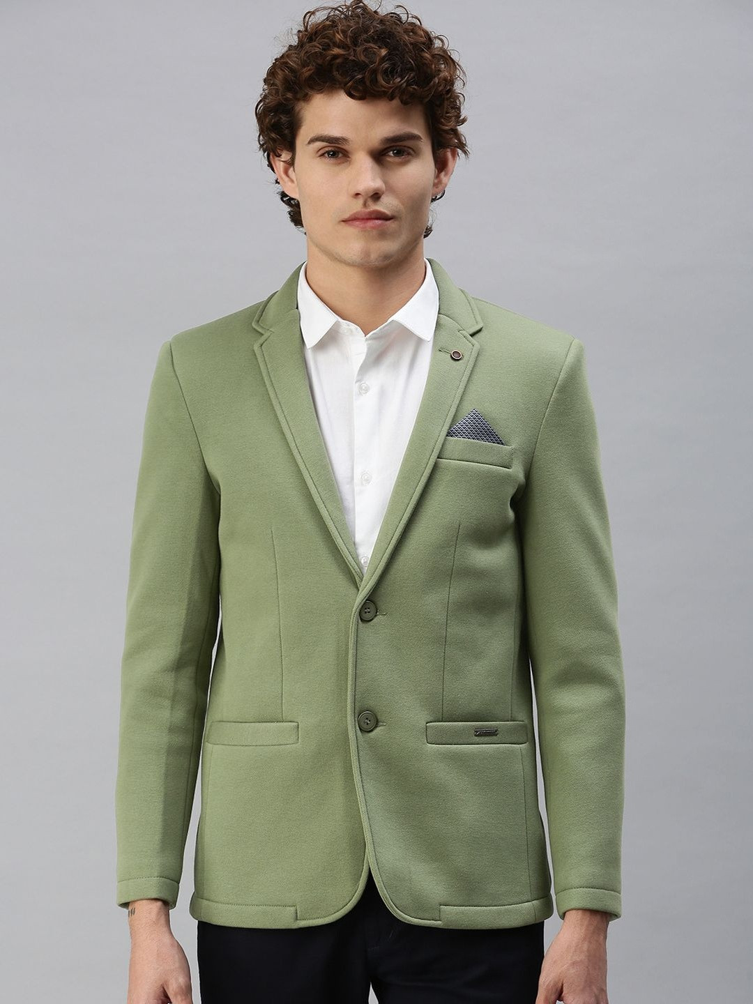 SHOWOFF Men Green Single-Breasted Notched Lapel Slim Fit Blazer