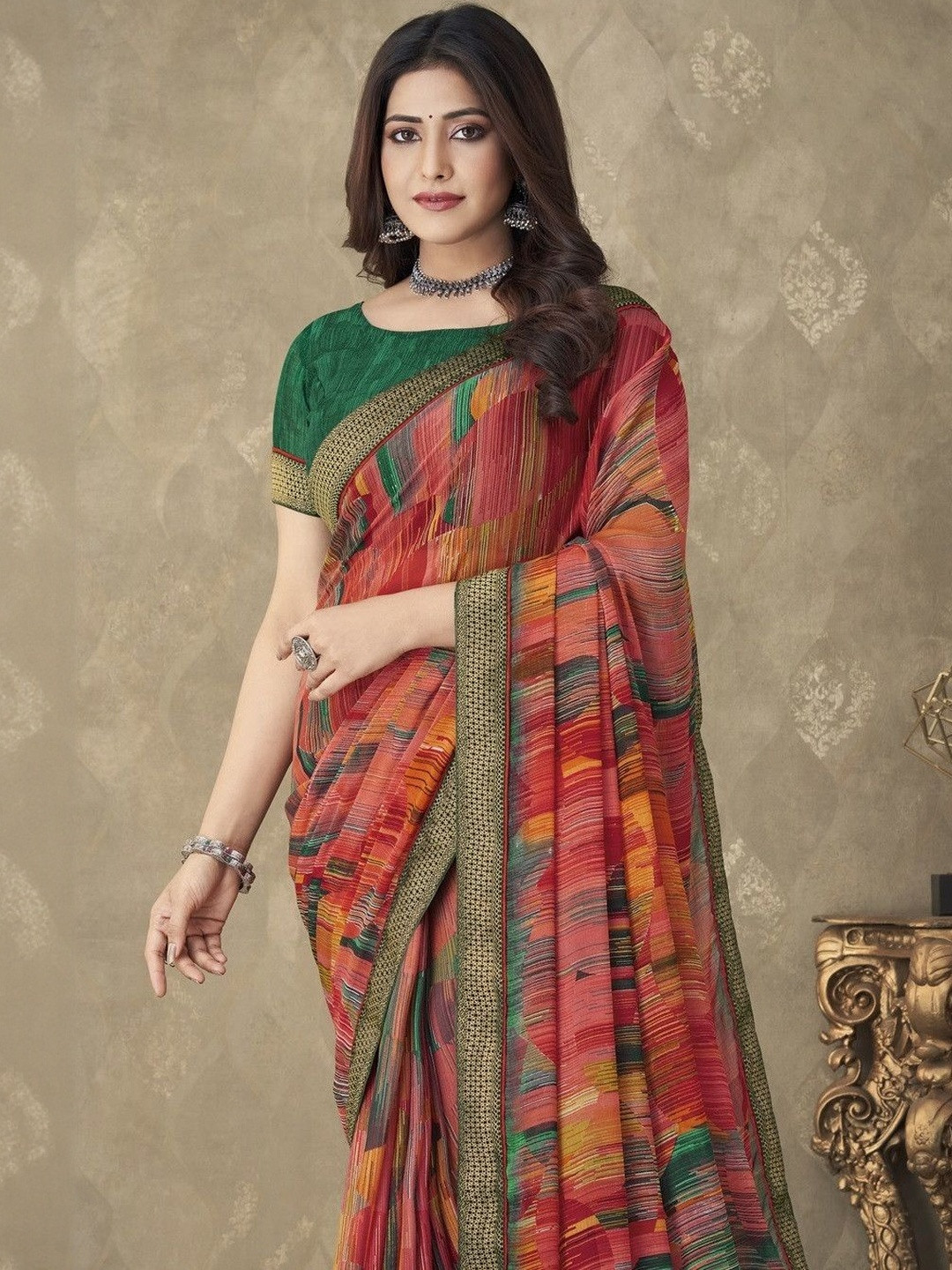 The Fashion Attire Geometric Print Bollywood Chiffon Saree (Green)