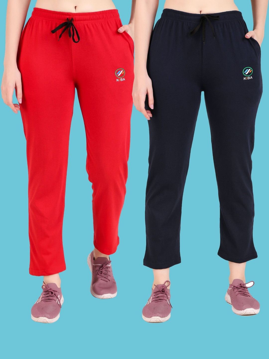 KIBA Women Pack Of 2 Red & Navy Blue Cotton Track Pants With Drawstring