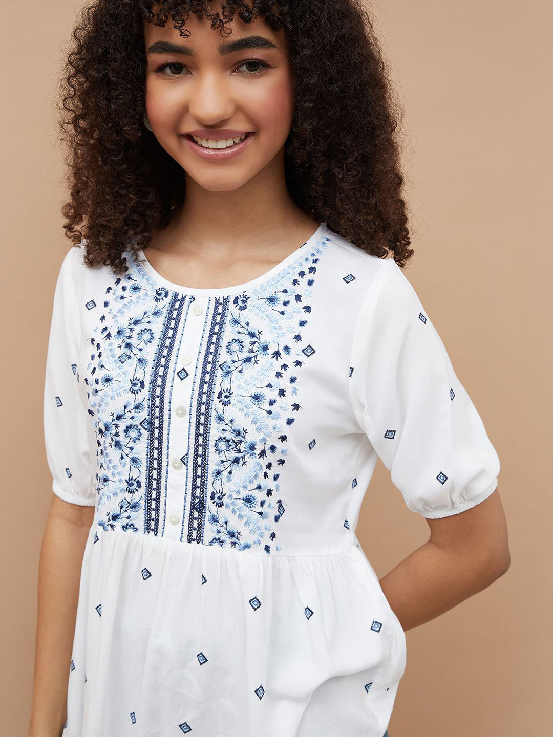 Fame Forever by Lifestyle Women Floral Round Neck Puff Sleeve Top