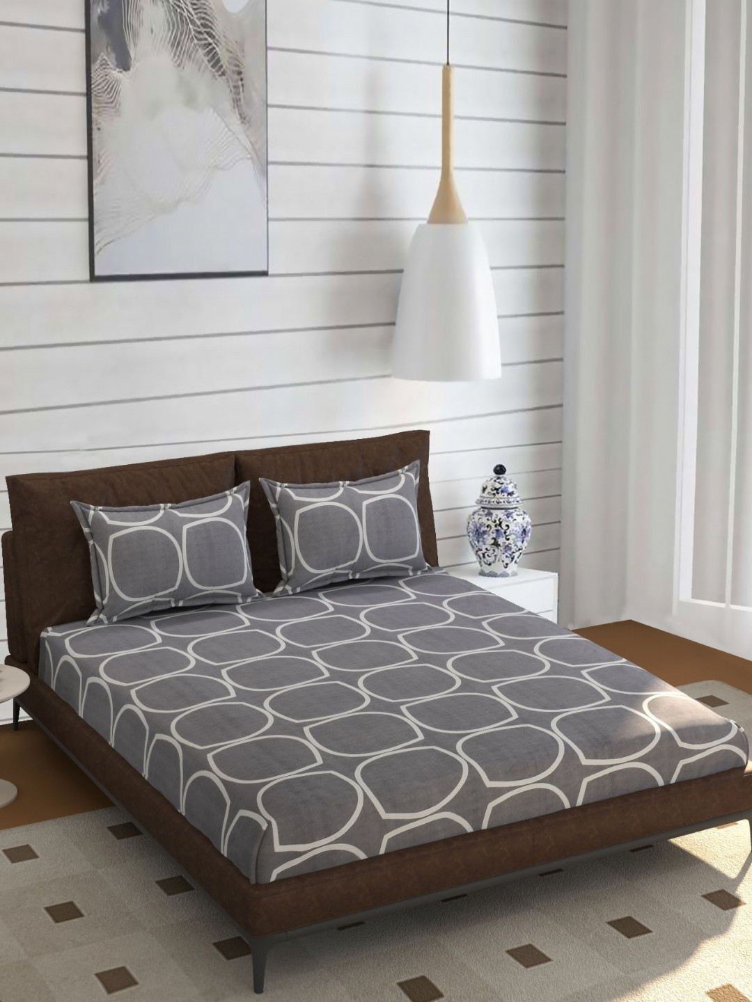 ohello Grey Geometric Printed 210 TC King Bedsheet Set- 1.98m x 1.82m
