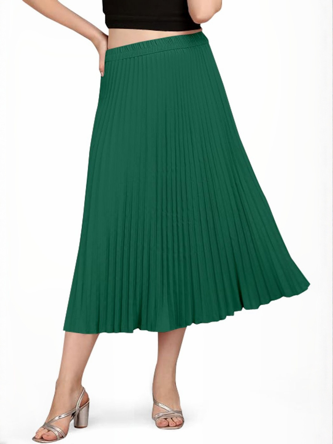 KIPZY Women Sea Green Solid Pleated Skirt